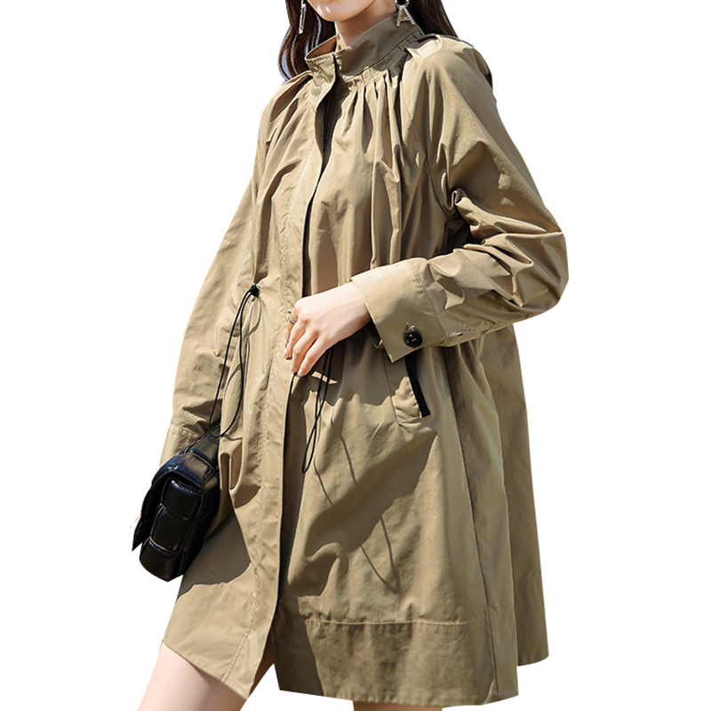 SS23101 Cotton Poplin Khaki Stand Neck Long Jacket Coat (5)