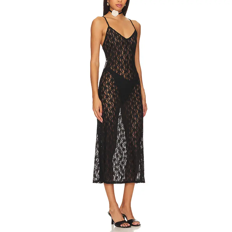 SS230737 Lightweight Lace V neck Perspecitivity Long Max dress