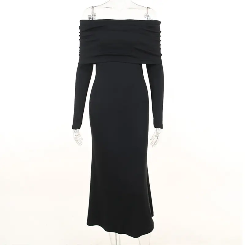 SS2333 Tencel Blend Off Shoulder Straight Neck Mid Dress