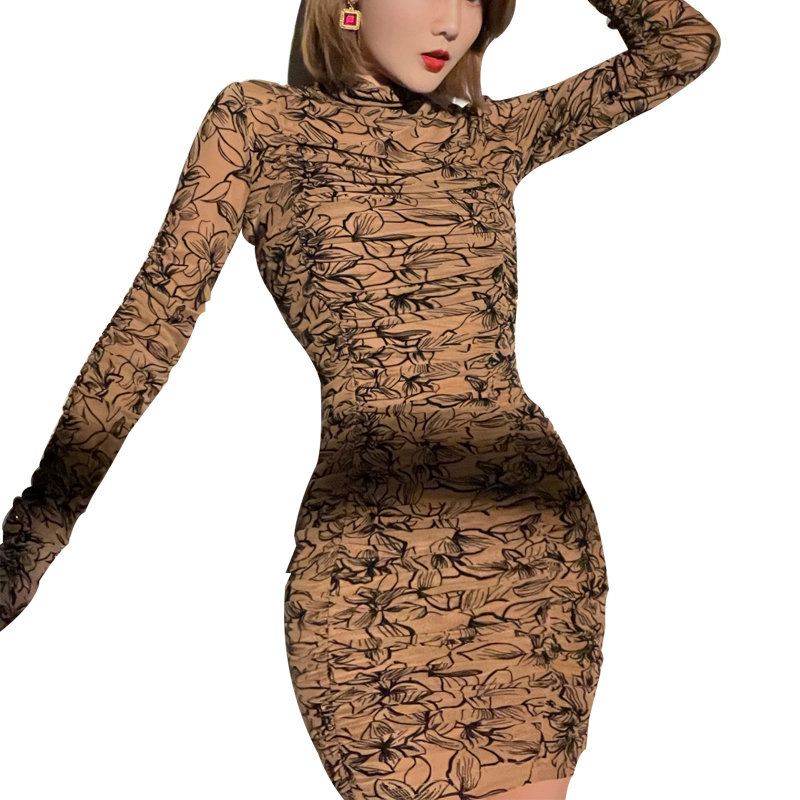 Mesh stretch digital print crinkled high neck midi bodice dress (3)