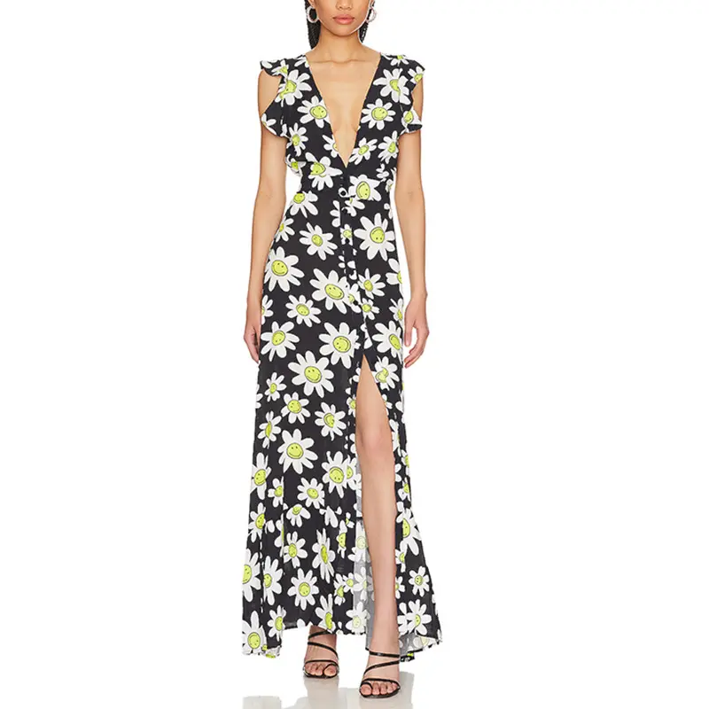 SS2380 Cotton Voile Digital Printed Deep V neck Frill High Split long Dress  (3)