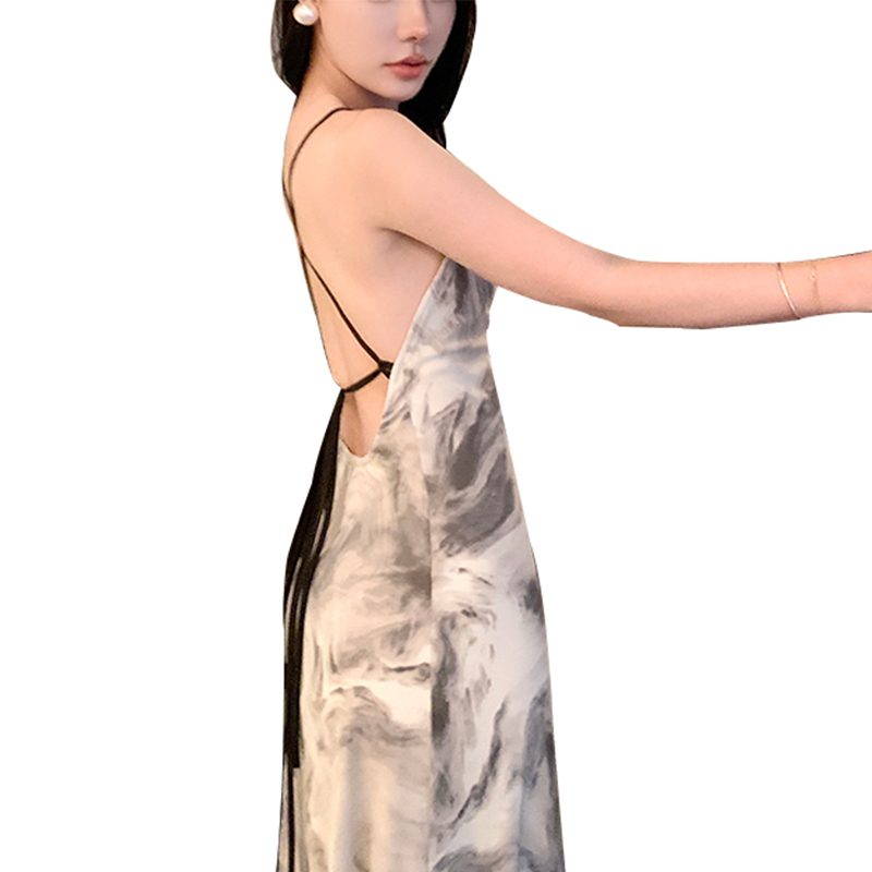 Cotton stretch digital print slip suspenders crew neck midi dress (4)