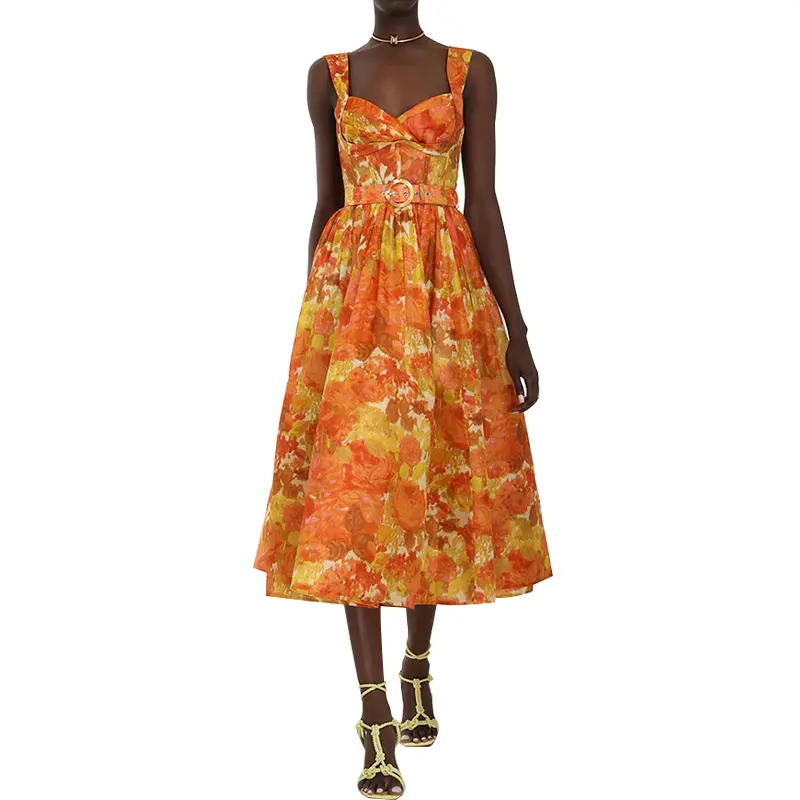 SS2368 Cotton Linen Digital Printed Crop Neck width Strape Puff Long Dress (2)
