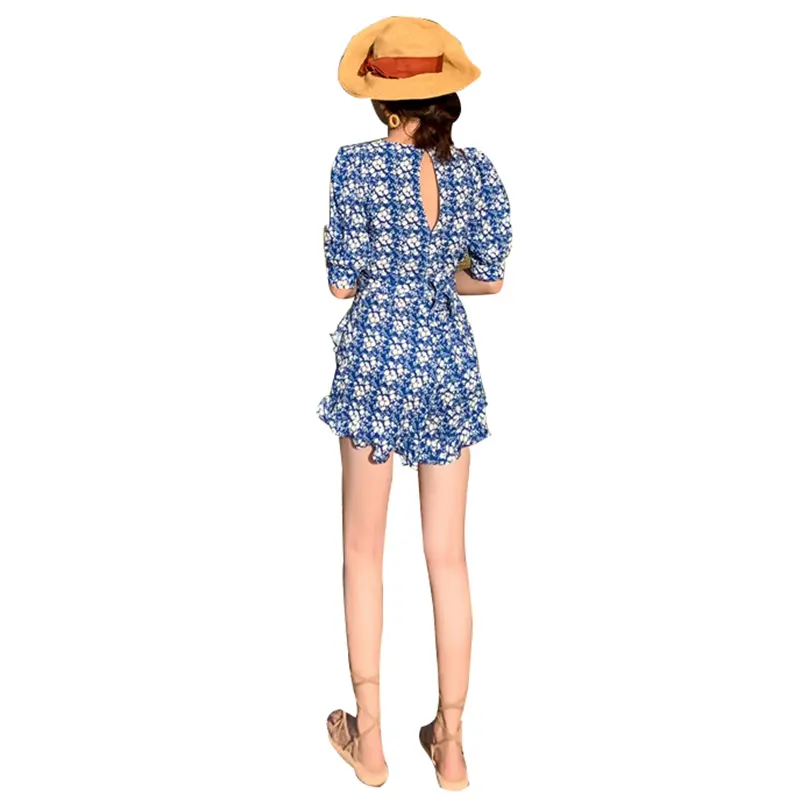 SS23112 Viscose digital Pirnted V neck Shorts Playsuit Jumper