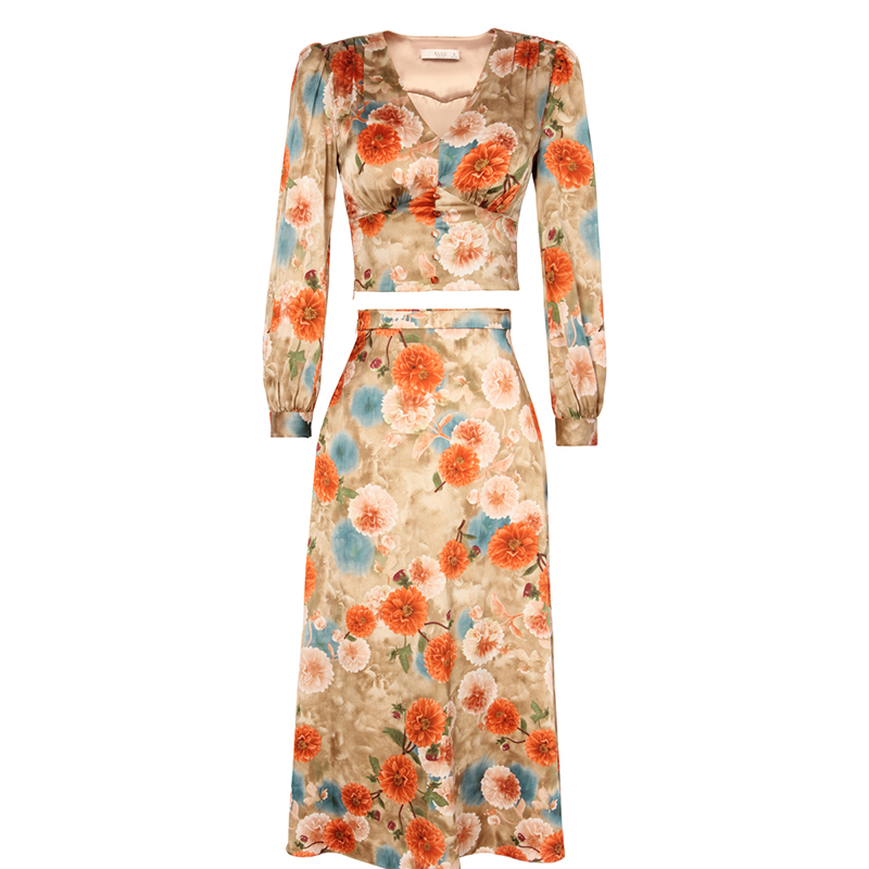 SS2310 Satin Silk Digital Printed V neck Long sleeve Crop Top Blouse Slim straight Skirts (1)