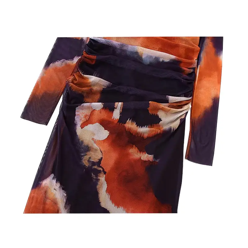 SS2396 Recycled Mesh Digital Printed long Sleeve Crinkled waist Long Dress