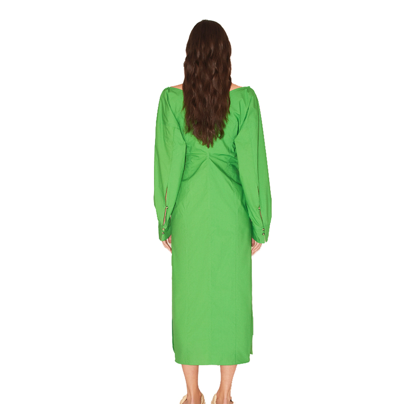 SS2330 Cotton Linen Tied Neck off Shoulder Long Sleeve Button Up Straight Long Dress (4)