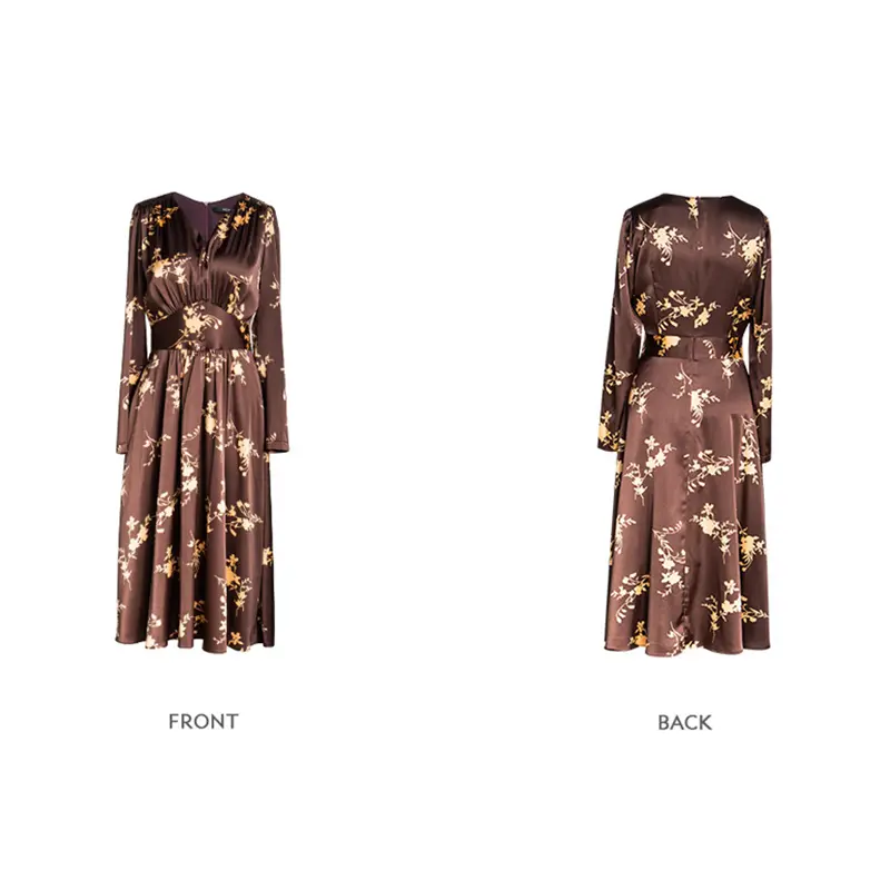 SS2350 Satin Silk Digital Printed Long Sleeve Mid Dress