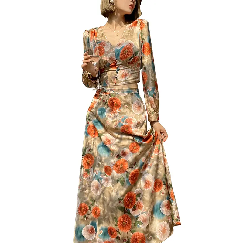 SS2310 Satin Silk Digital Printed V neck Long sleeve Crop Top Blouse Slim straight Skirts