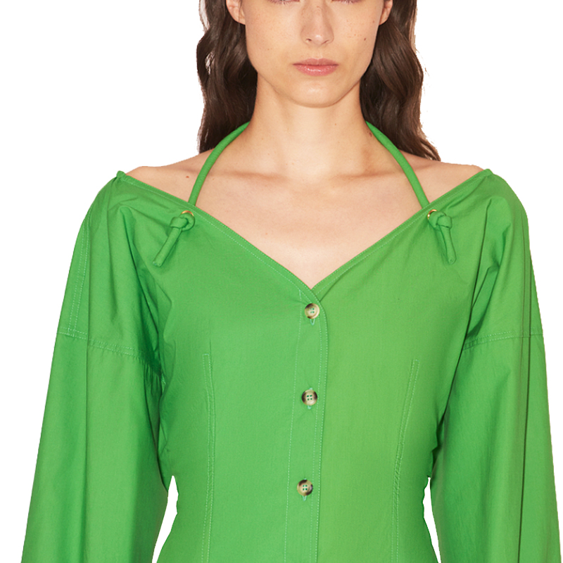SS2330 Cotton Linen Tied Neck off Shoulder Long Sleeve Button Up Straight Long Dress (1)