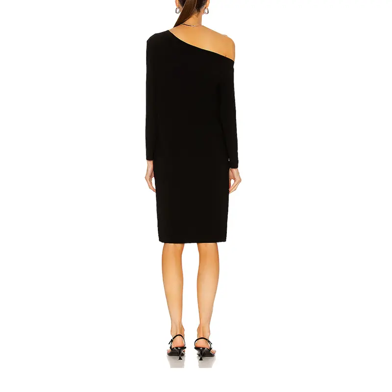 SS230733 Viscose Sand Black single sleeve long sleeve kintted midi dress