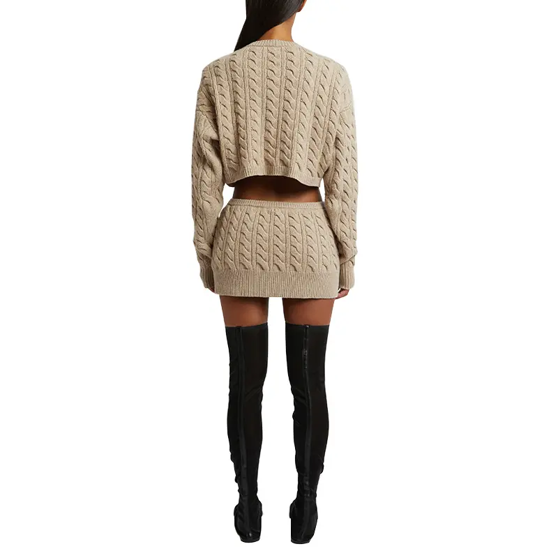 SS230726 Soft Wool Cashmere blend Mini Skirt and Cable Knit Top Set