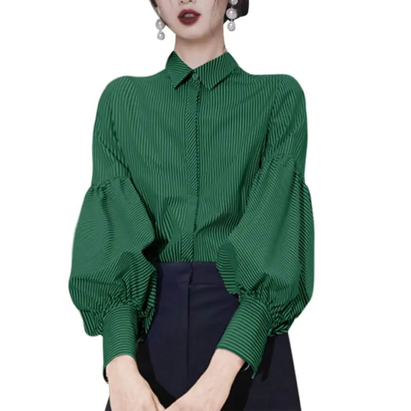 SS2359 Cotton high cuff Lantern long Sleeve Stripe Printed Womens Blouse Shirts  (1)