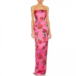 SS230735 Heavy Satin Digital Printed straight Neck Contour bust Long Dress
