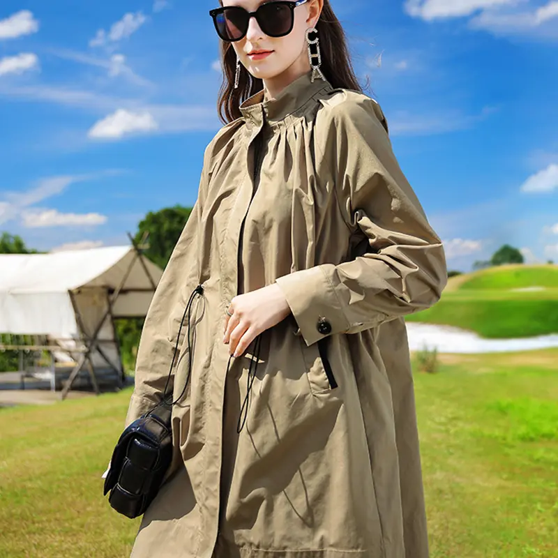 SS23101 Cotton Poplin Khaki Stand Neck Long Jacket Coat