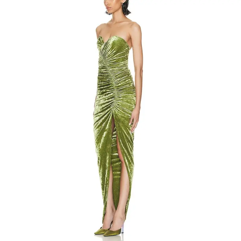SS230701Ruched velvet Tube High Split Shoulder off Long Dress