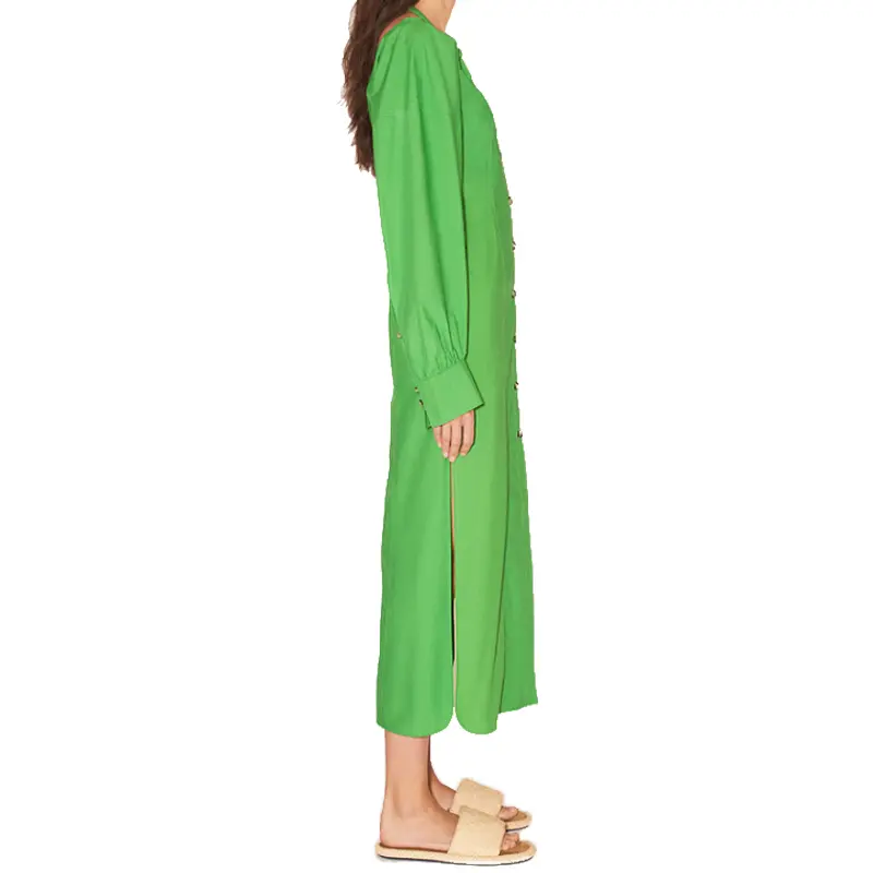 SS2330 Cotton Linen Tied Neck off Shoulder Long Sleeve Button Up Straight Long Dress