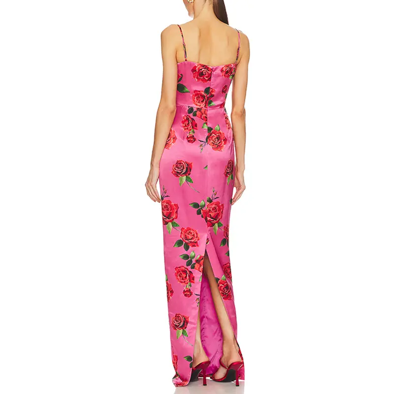 SS230735 Heavy Satin Digital Printed straight Neck Contour bust Long Dress