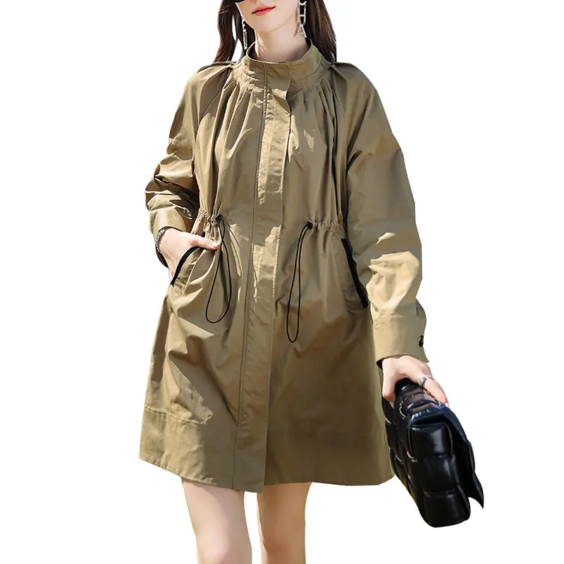 SS23101 Cotton Poplin Khaki Stand Neck Long Jacket Coat