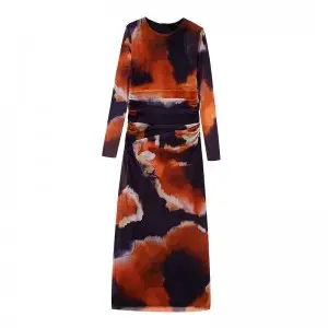 SS2396 Recycled Mesh Digital Printed long Sleeve Crinkled waist Long Dress