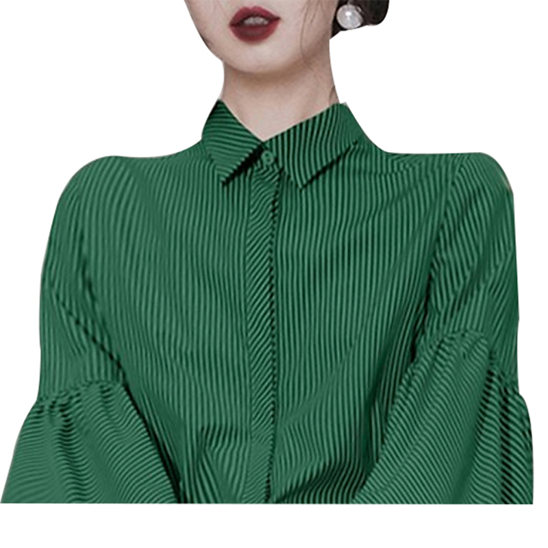 SS2359 Cotton high cuff Lantern long Sleeve Stripe Printed Womens Blouse Shirts (2)