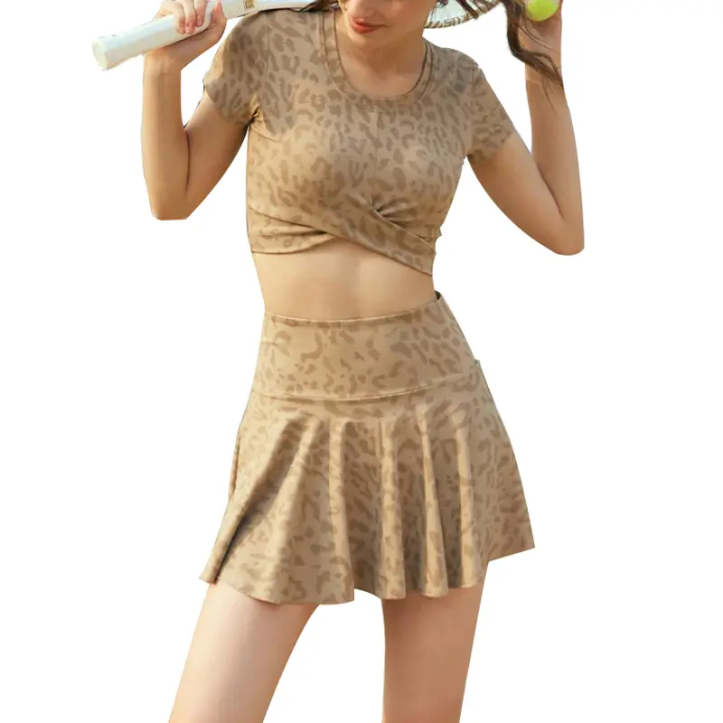 SS230704 Breathable tennis Sport leopard-print set Top and Skirts with hidden shorts