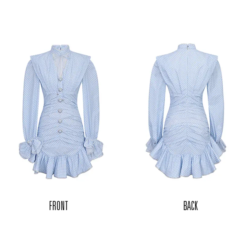 SS2322 Viscose Digital Printed Tied Neck Frill Long sleeve Mini Dress