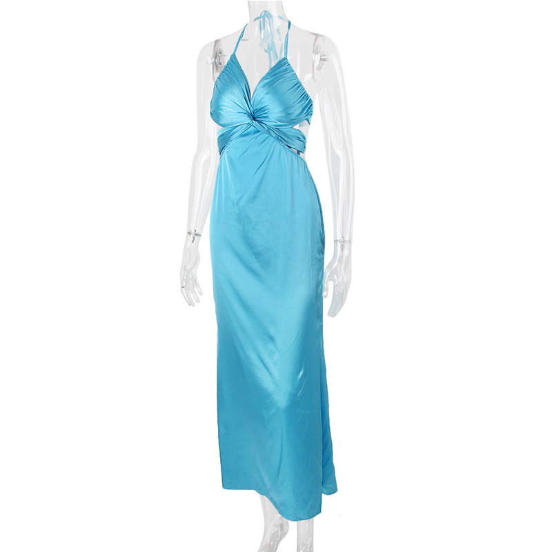SS23108 Satin Silk Plan Cut Chest Tied Neck tied Waist Backless Long Dress (4)