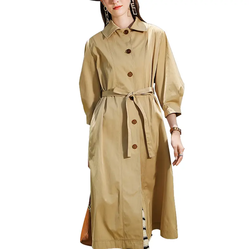SS23102 Wash Cotton Plain Button up Mid sleeve Back Vent  Tied waist belt Long Coat Jacket