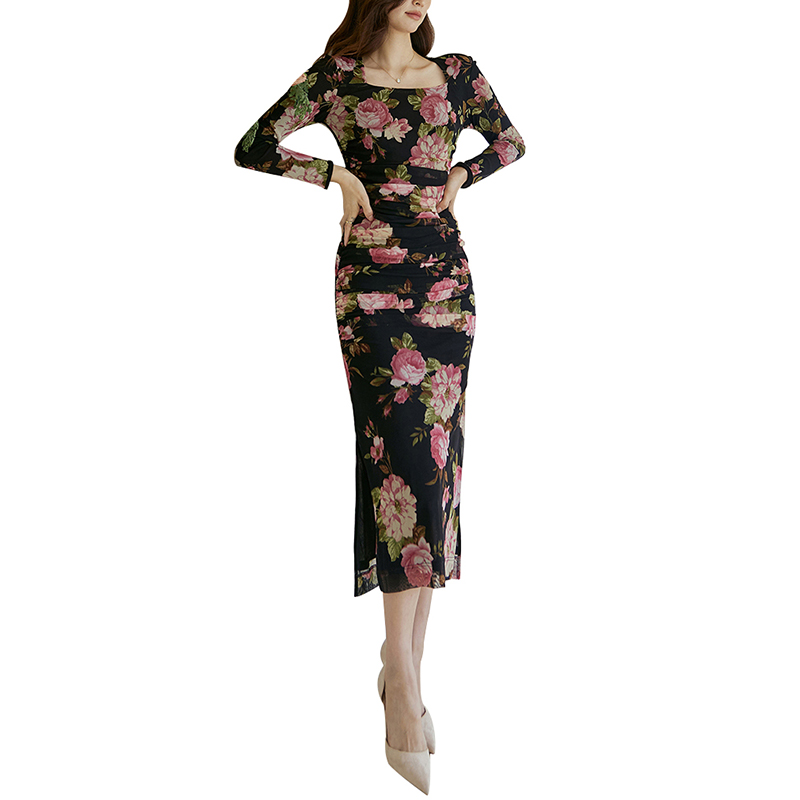 SS2348 Mesh Digital Printed Squared Neck long Sleeve Long Dress (1)