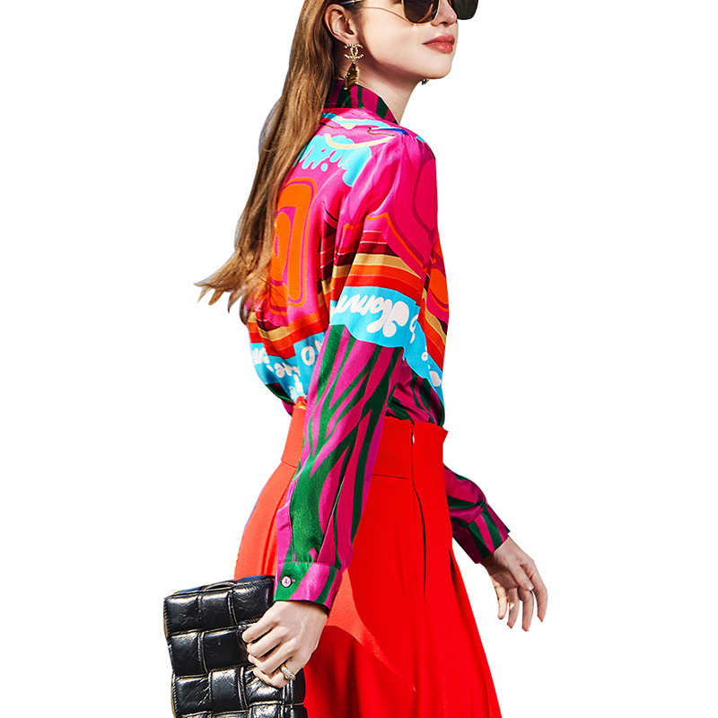 SS23109 Cotton Placement Digital Printed Button Up Long Sleeve Blouse Shirts