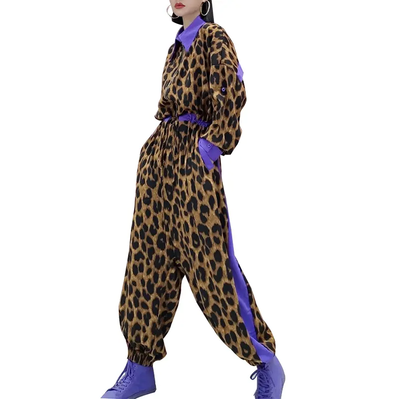 SS23115 Recycled Polyester Leopard print baggy loose Playsuit Jumpsuit, belt Jumper