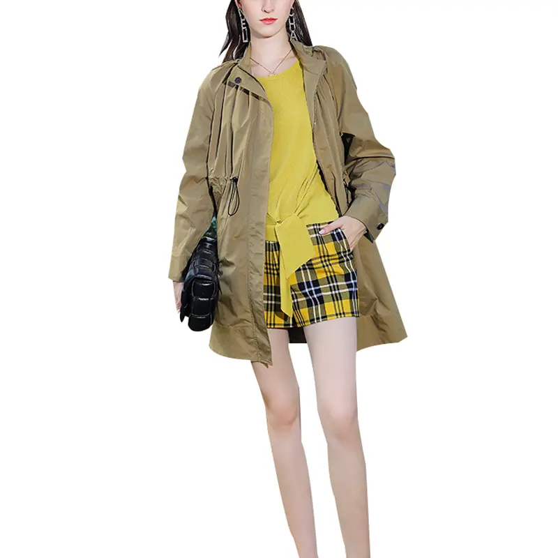 SS23101 Cotton Poplin Khaki Stand Neck Long Jacket Coat