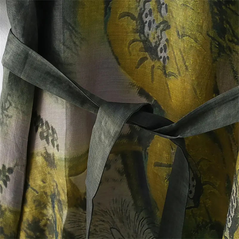SS2378 Silk Cotton Placement Digital Printed mid Sleeve V neck Loose long Dress