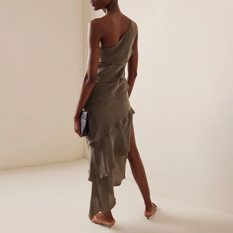 750 posse-green-exclusive-matilda-one-shoulder- Silk dress