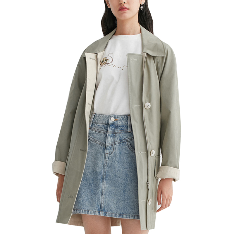 SS23107 Cotton Canvas Square Neck Raglan sleeve Vintage mid Length Jacket Coat (4)