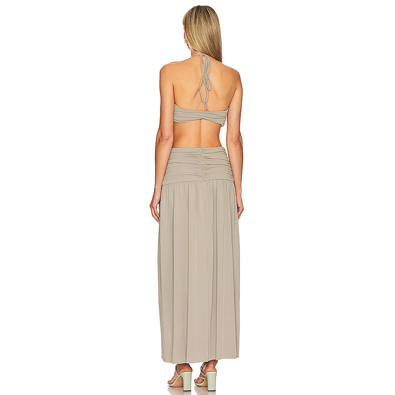 SS2379 Viscose Nature Plain cover Boob Tied neck cut out High Split Long dress