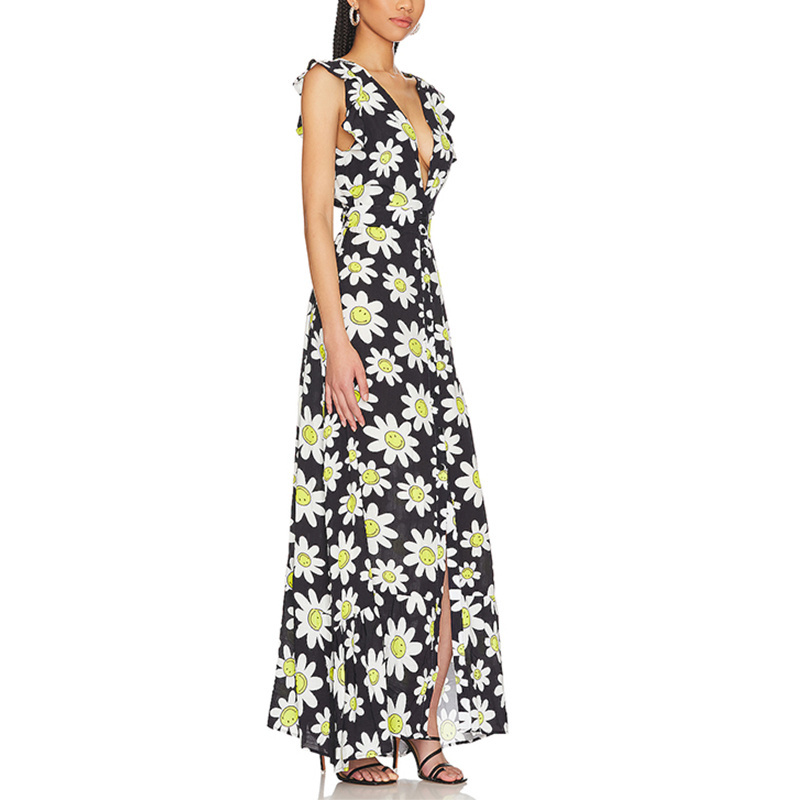 SS2380 Cotton Voile Digital Printed Deep V neck Frill High Split long Dress (5)