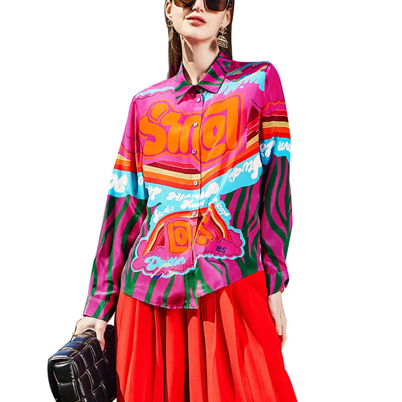 SS23109 Cotton Placement Digital Printed Button Up Long Sleeve Blouse Shirts