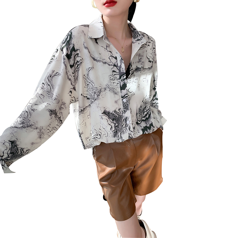 SS2305 Satin Silk ink digital print long sleeve womens blouse shirts (4)