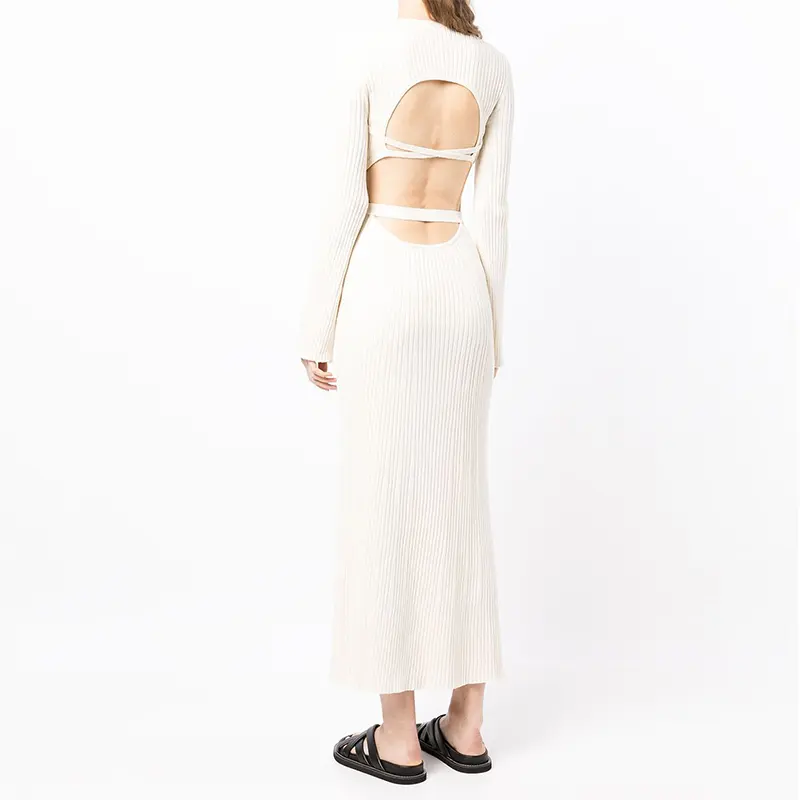 SS2320 Wool Blend tied Cut out Back Round Neck Waistband Kint long dress