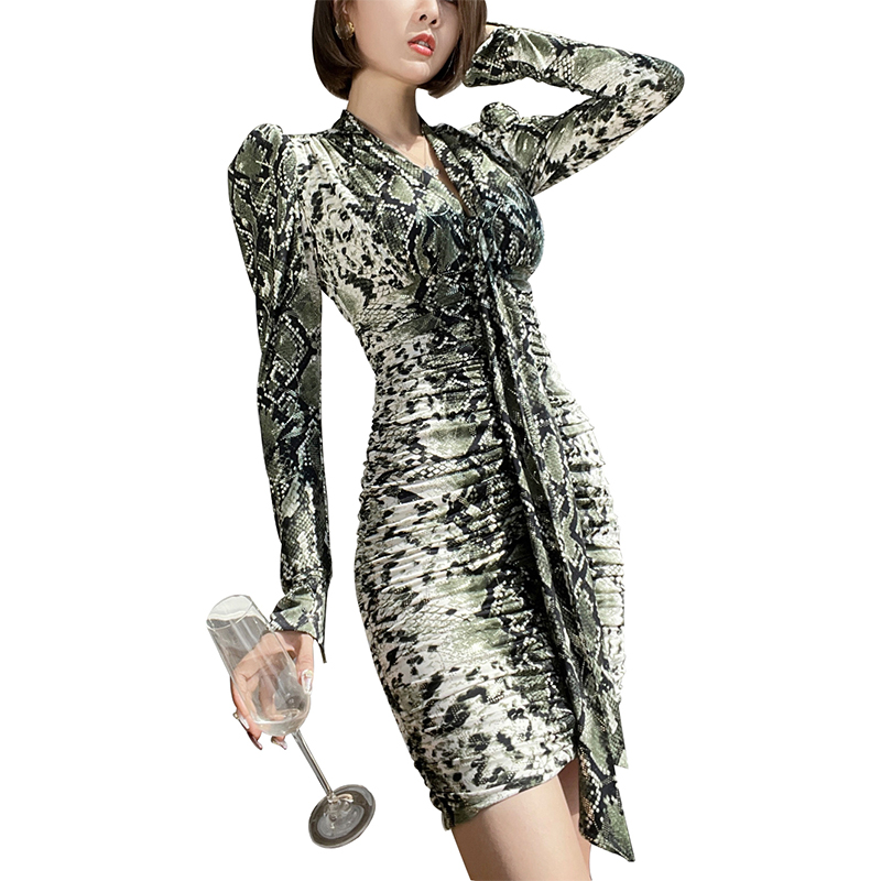 SS2315 Mesh Digital Leopard Printed Knight  Long Sleeve Tied Neck Mini Dress  (1)