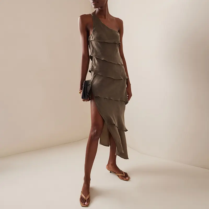 750 posse-green-exclusive-matilda-one-shoulder- Silk dress