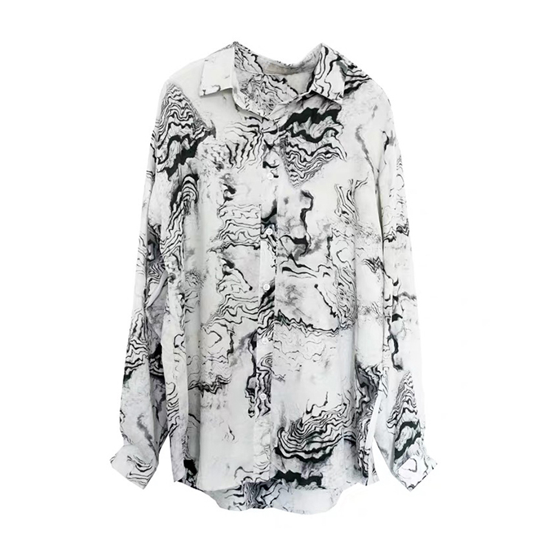 SS2305 Satin Silk ink digital print long sleeve womens blouse shirts (3)