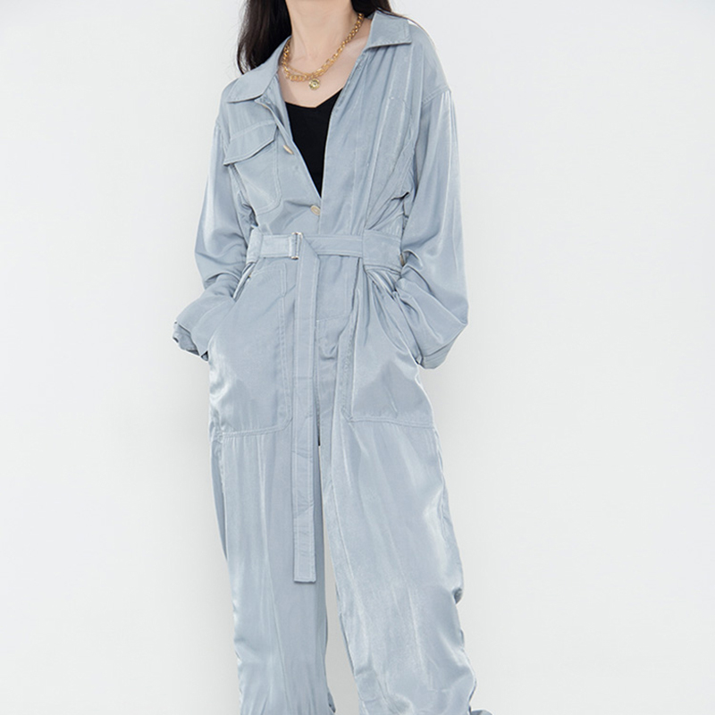 SS23114 Tencel Cotton Wash Blue Shirt Neck long sleeve Pant belt Playsuit Jumper (2)