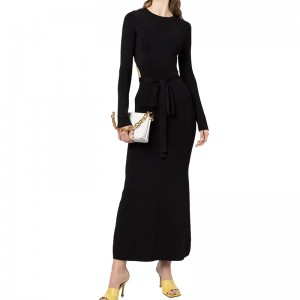 SS2320 Wool Blend tied Cut out Back Round Neck Waistband Kint long dress
