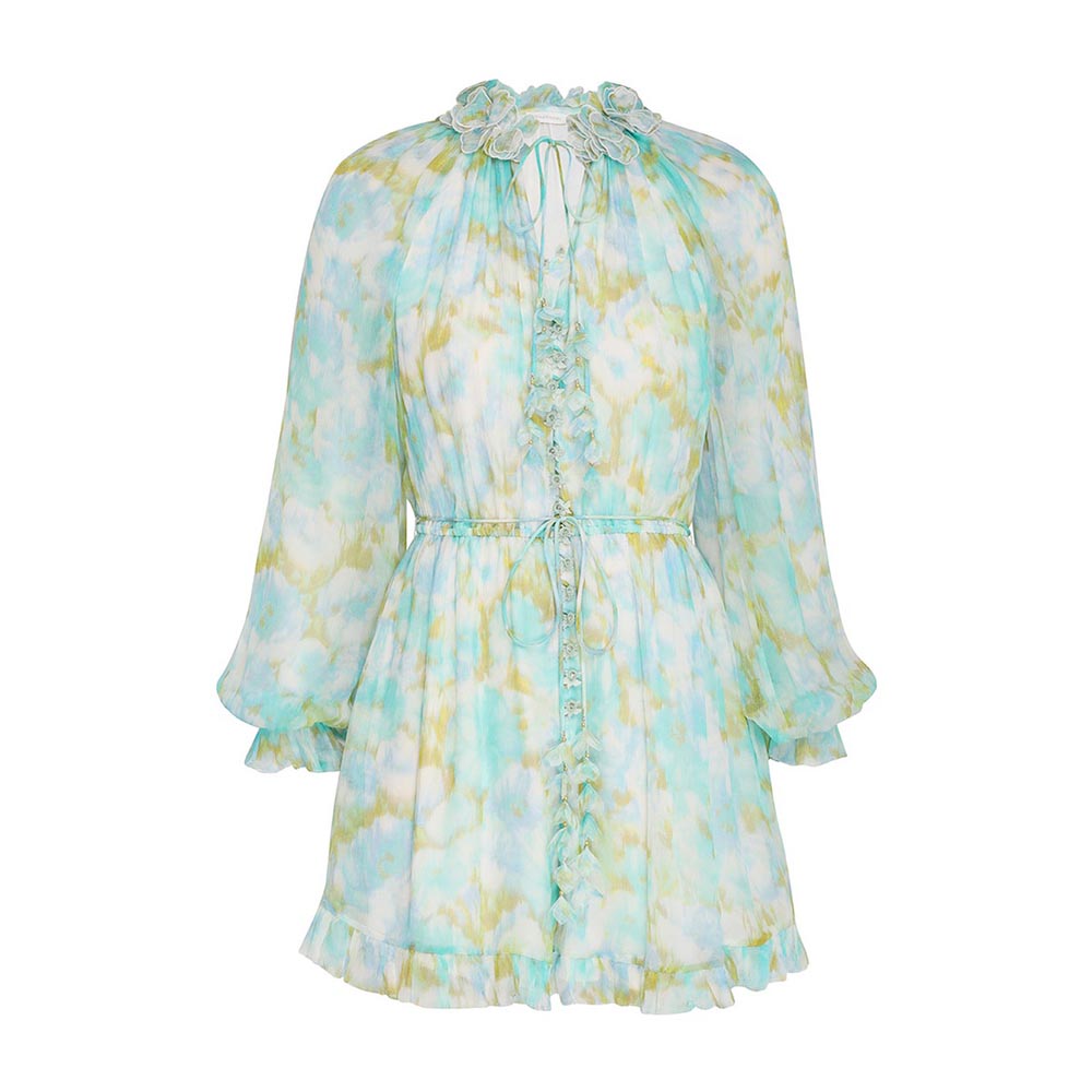 SS2376 Cotton Voile Frill Neck tied belt loose sleeve Mid dress (1)