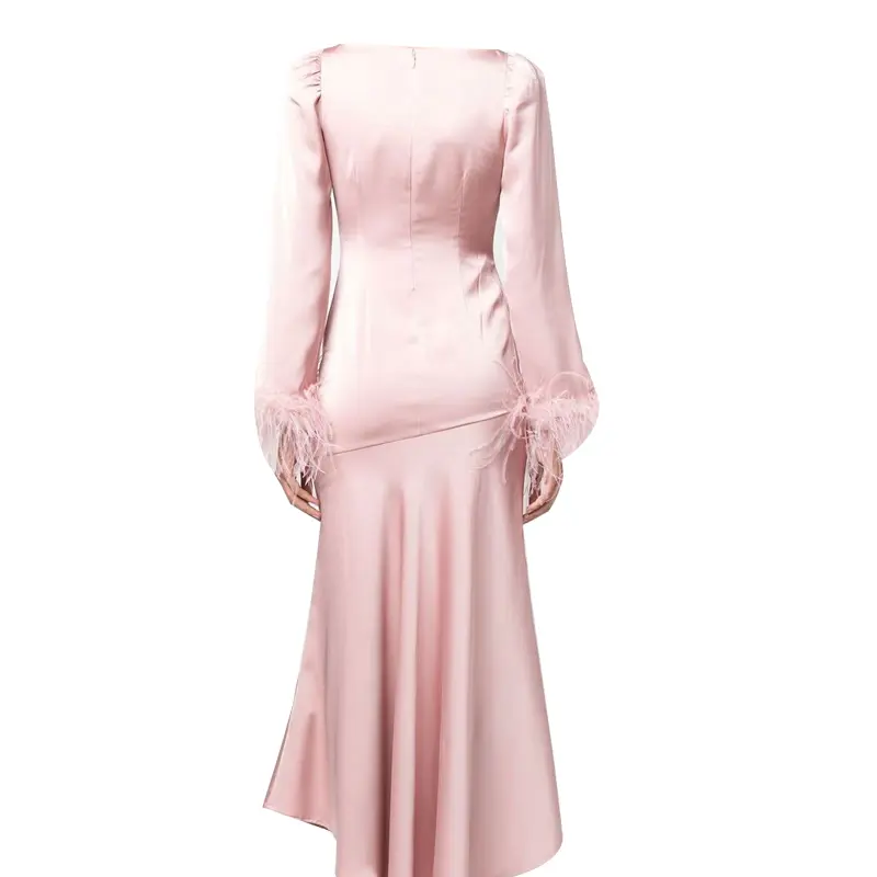 SS2319 Satin Silk Round Neck Long Sleeve Bodice Slim Dress
