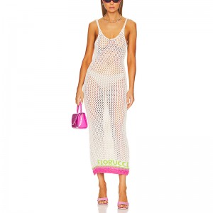 SS230724 Cotton Crochet Mesh V neck long dress