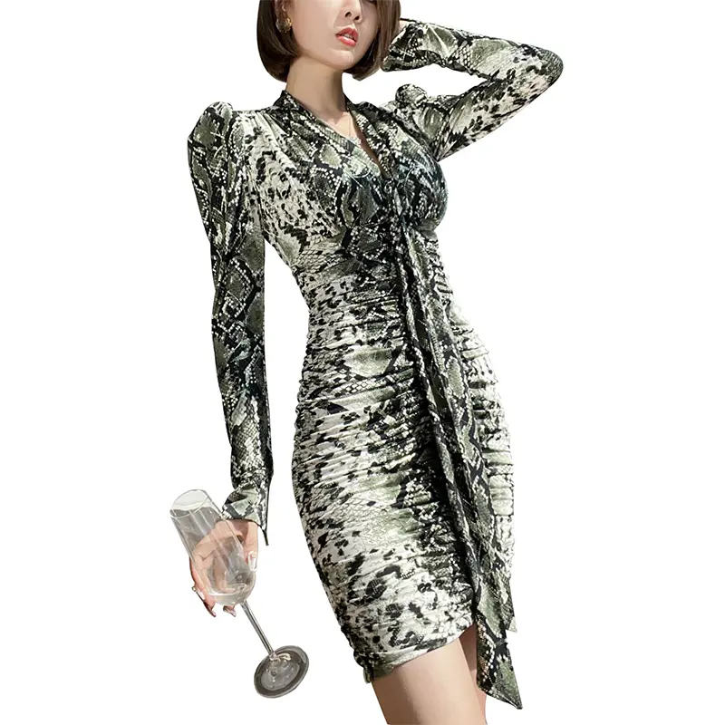 SS2315 Mesh Digital Leopard Printed Knight  Long Sleeve Tied Neck Mini Dress